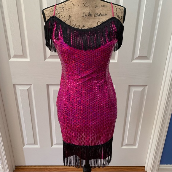 Vintage 1920s Flapper Fuchsia Sequin Black Fringe Spaghetti Strap Dress - Picture 11 of 11